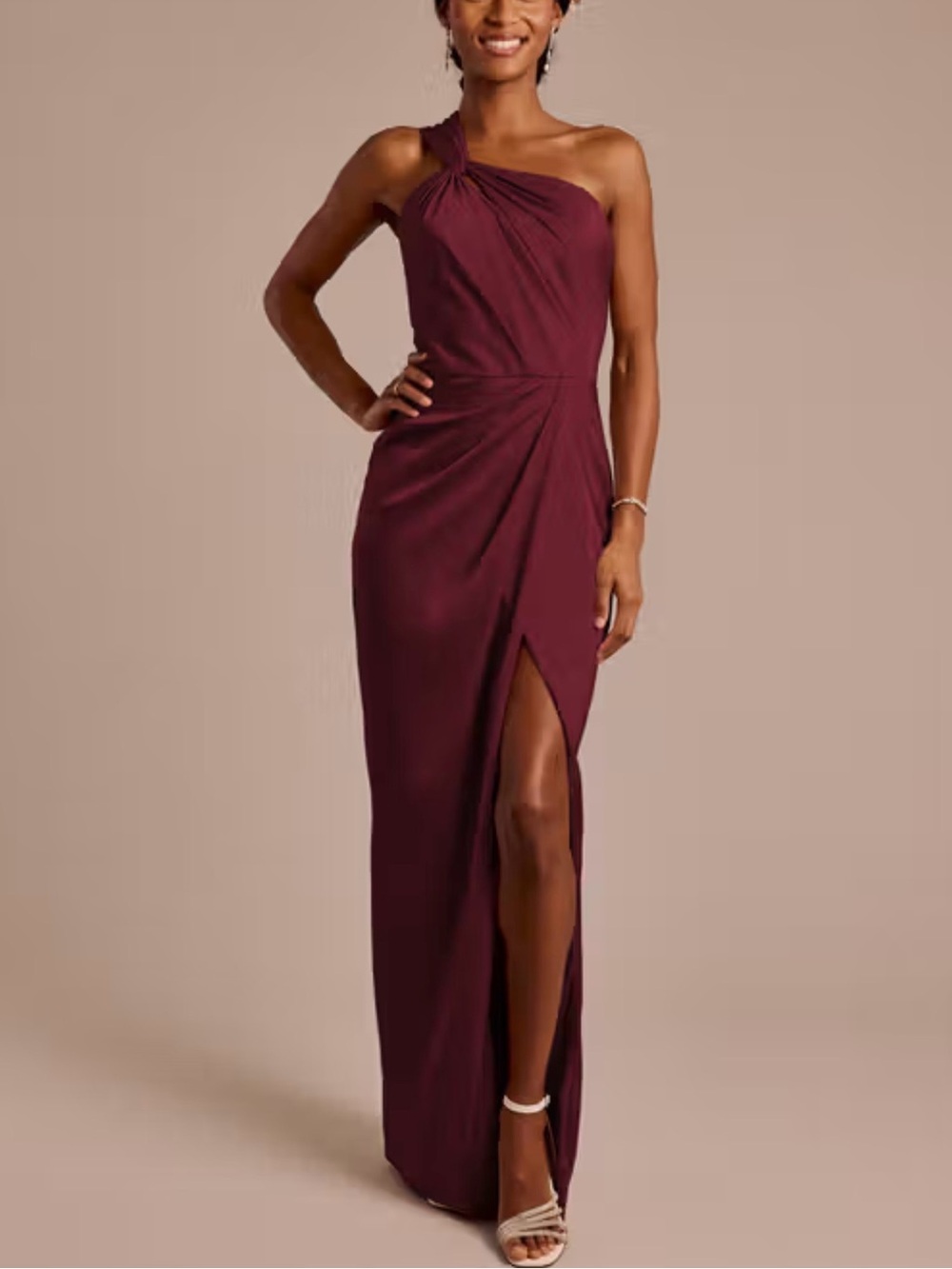 One-Shoulder Wine Evening Gown with Side Slit